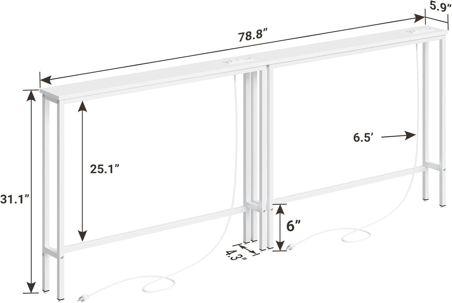 ELYKEN 2 Pack 5.9" Narrow Console Sofa Table with Power Outlets, 5.9" Dx39.4 Wx31.1 H Long Couch Table with Metal Frame and Charge Station with 6.5’ Extension Cord, White