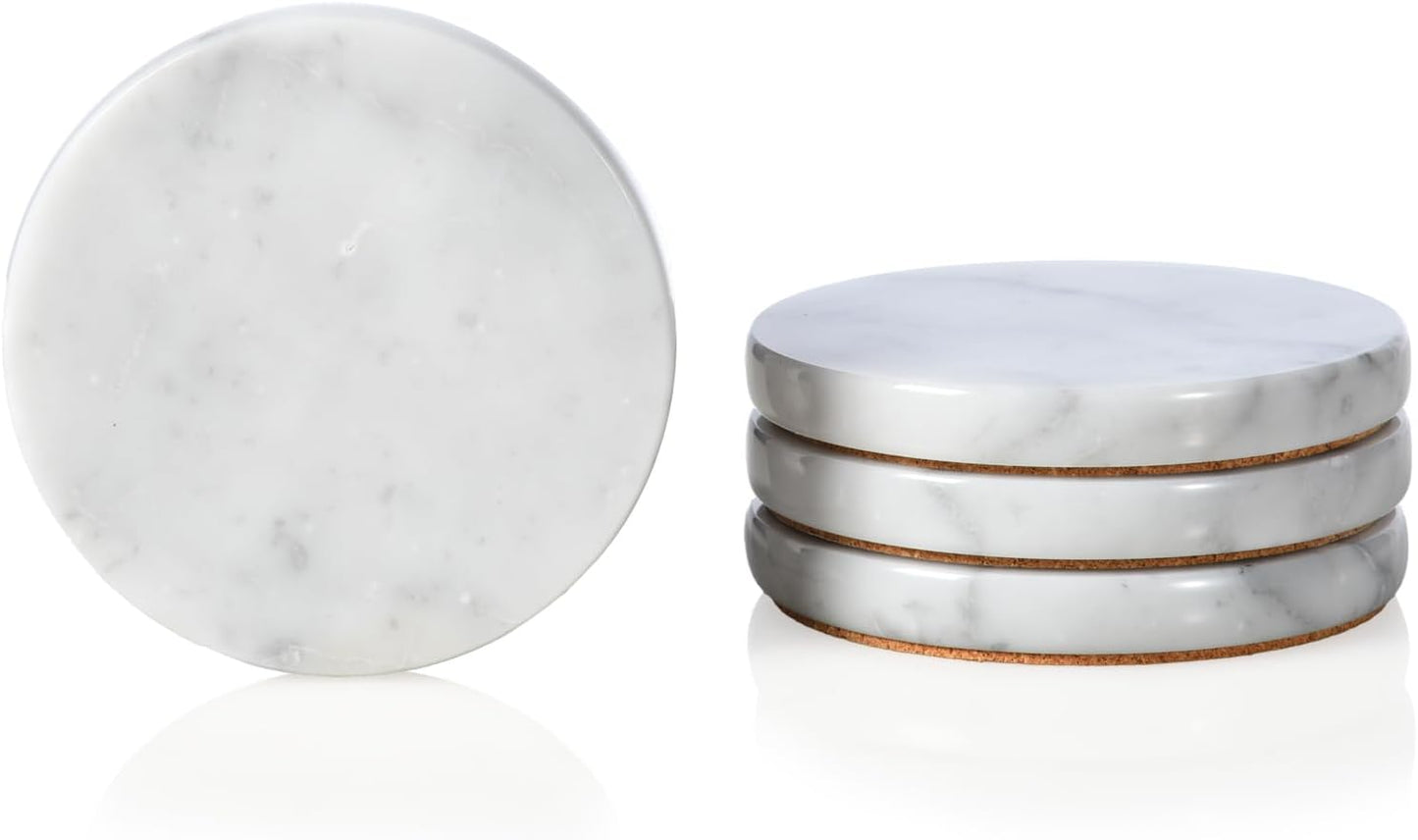 Real Natural Marble Coasters Set of 4, Carrara White Limestone 4 Inch/10 cm, Modern Round Stone, Trendy Drink Coasters for Coffee Table, Kitchen Decor, Office