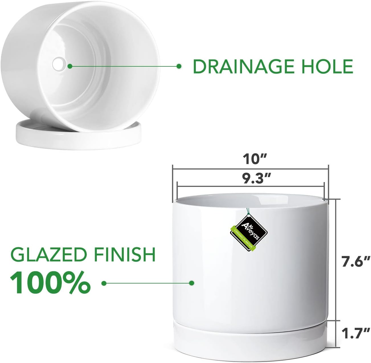 Aveyas 10 inch Ceramic Planter Pot with Drainage Hole and Saucer - Suitable for Indoor and Outdoor Use, Modern Planters for House Garden Flower Tree Snake Monstera Plants (10", Glossy White)