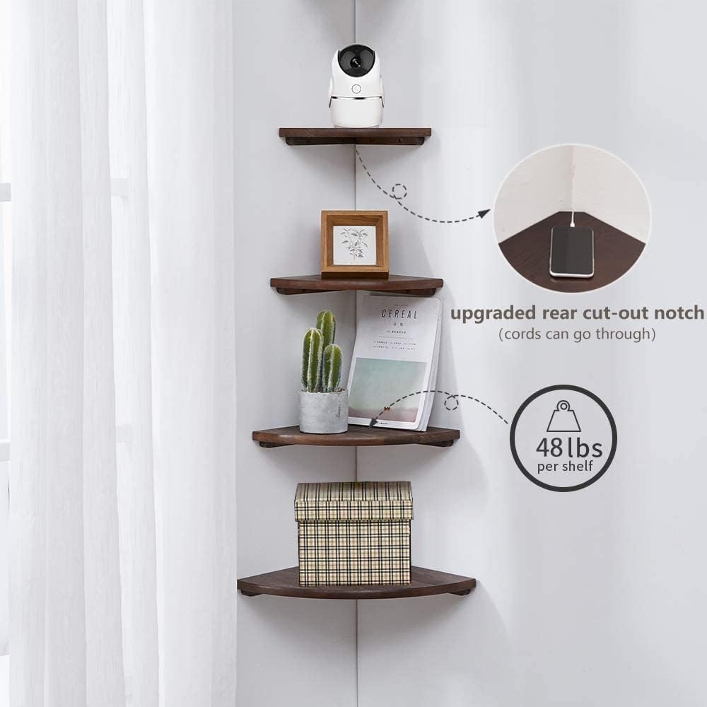 Corner Shelves, Floating Corner Shelf, Set of 2 10inch Solid Oak Wood Corner Wall Shelves, Round End with Wire Hole for Small Plant for Bedroom Kitchen, Living Room