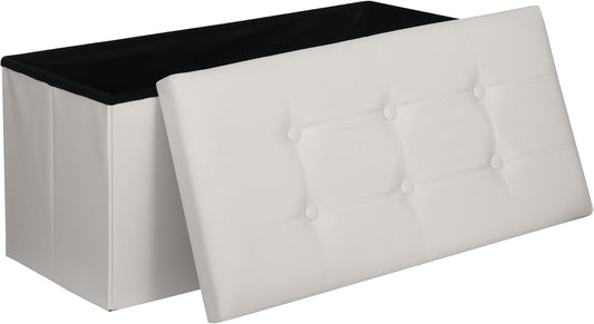 SUPER DEAL Folding Storage Ottoman Bench, Waterproof Faux Leather Ottoman Padded Seat Footrest Bench for Living Room, Bedroom, Entryway, Small Spaces, 15 x 30 x 15 inches, Creamy White