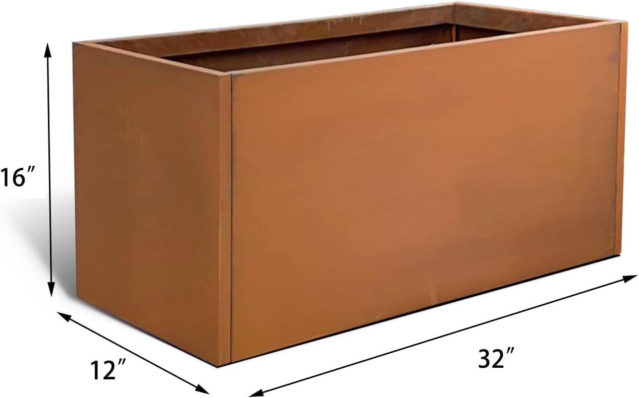 Corten Steel Corner Metal Planter Box Garden Steel Planter Pot for Patio Modern Farmhouse Rustic Design (L32 x W12 x D16, Rusted)