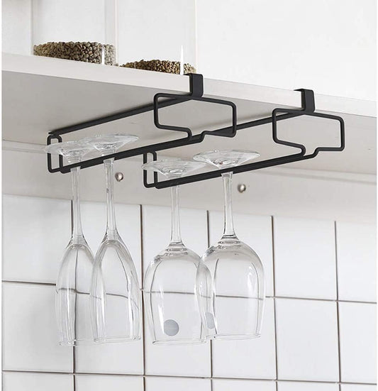 LINFIDITE Wine Glass Holder 2PCS Stemware Rack Hanger Under Cabinet Wine Glass Rack Kitchen Hanging Storage Rack Organizer,Black