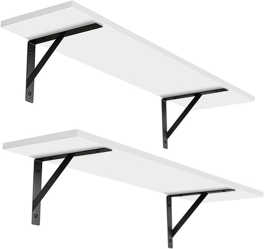 DINZI LVJ Long Wall Shelves, 24 Inch White Floating Shelves Set of 2, Easy-to-Install, Wall Storage Ledges with Sturdy Metal Brackets for Living Room, Bathroom, Bedroom, Kitchen, White