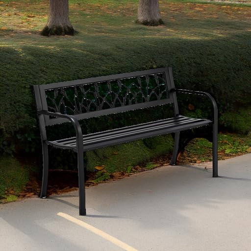 AVAWING Outdoor Bench, 2-Person Garden Benches for Outside, Metal Frame Patio Seating with Floral Pattern Backrest, Armrests for Lawn, Park, Porch, Entryway, Black