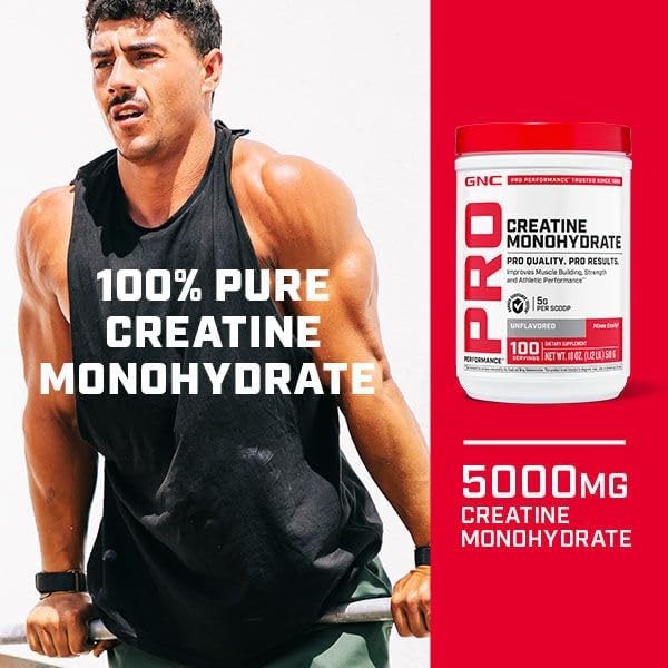 GNC Pro Performance Creatine Monohydrate Powder | Science-Backed | Improves Muscle Building, Strength and Athletic Performance | Banned Substance Free | 50 Servings