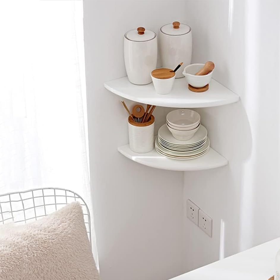 Corner Shelves, Floating Corner Shelf, Set of 3 Solid Oak Wood Corner Wall Shelves, Round End with Wire Hole Shelving for Small Plant for Bedroom Kitchen, Living Room (Size 9/10/12in)
