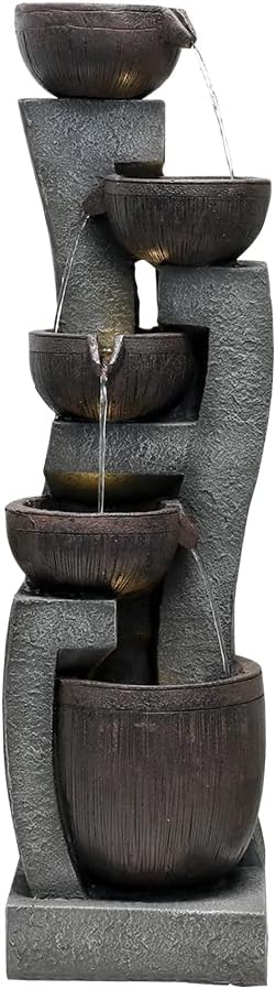 SunJet 43.7" Indoor/Outdoor Modern Water Fountain - 5-Tiers Garden Cascading Fountain with Lights & Pump - Curve Shape Floor-Standing Waterfall Feature for Home Deck, Patio, Porch, Yard Decor