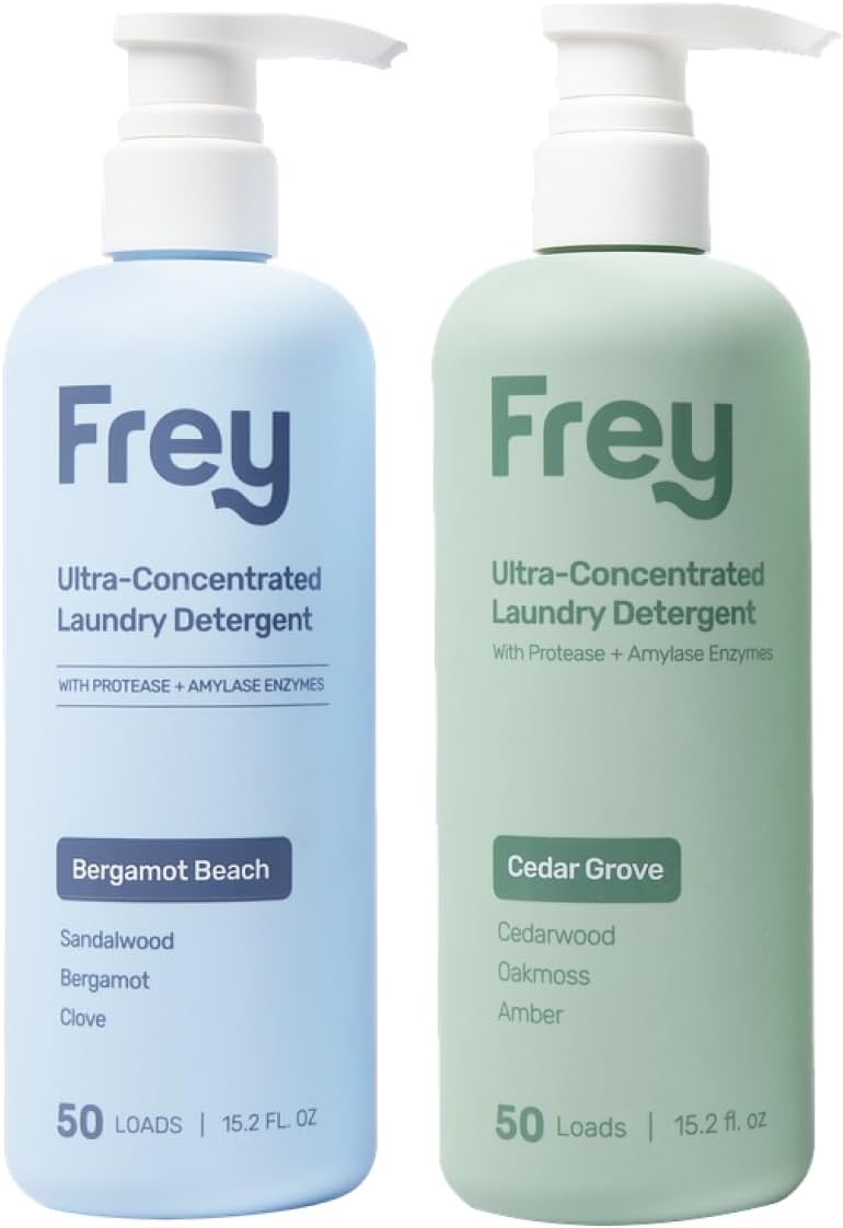 FREY Concentrated Liquid Laundry Detergent | Formulated for Sensitive Skin & HE Washers | Removes Stains Effectively | 50 Loads per Bottle (Cedar Grove & Bergamot Beach)