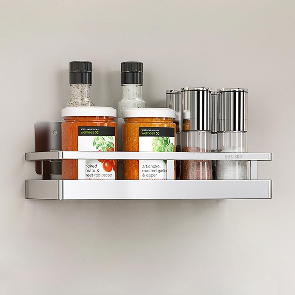 SUS304 Stainless steel Wall Mount Spice Rack Storage Basket - Seasoning Container, Kitchen Spice Organizer -Kitchen Seasoning Hanging Rack - Bathroom Shelf (Silver)