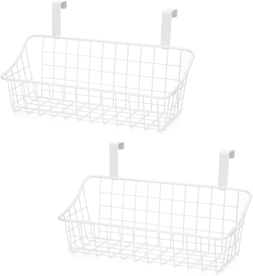 LeleCAT White Basket with hook Grid Storage Basket,Hang it behind a door or on a railing,Over the Cabinet Door,2 Pack
