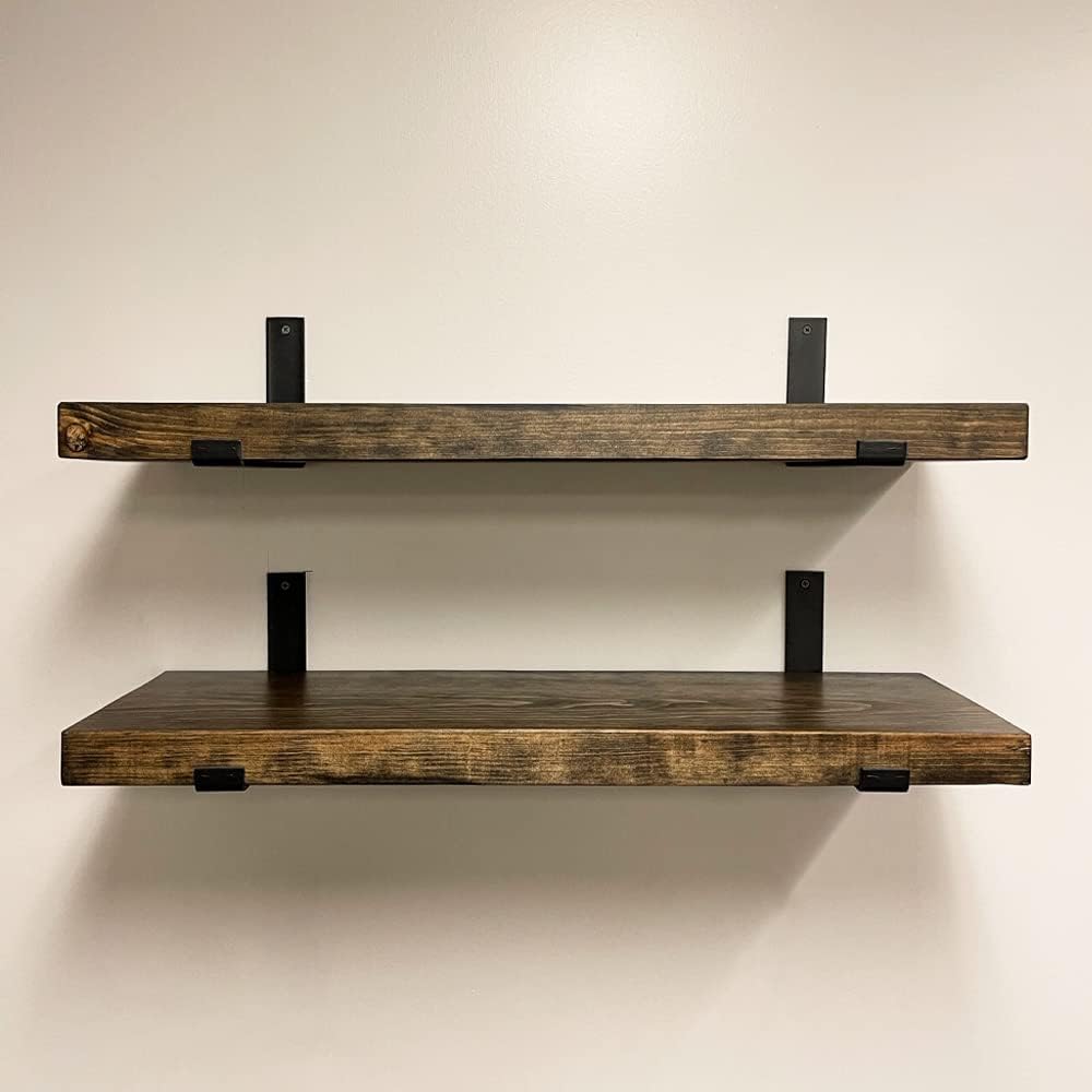 Rustic Shelves with J-Brackets Set of 2, Industrial Shelf, Kitchen Shelves, Solid Wood, Decorative Wall Storage, Heavy Duty, URBANDI (Dark Brown, 12Wx8D)