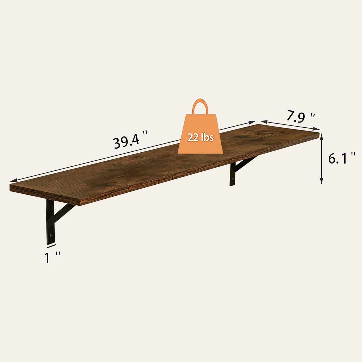 DINZI LVJ Long Wall Shelves, Set of 4, 39.4Inch Wall Mounted Shelves, Extra Large Wall Storage Ledges with Sturdy Metal Brackets for Living Room, Bathroom, Bedroom, Kitchen, Rustic Brown