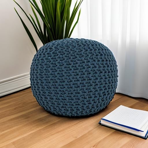 REDEARTH Round Pouf Bean Bag Ottoman - Foot Stool Hand Knitted - Home Decor Pouffe Stuffed - Cable Boho Poof Beanbag Footrest for Living Room - Nursery - Bedroom - Patio (19.5"x19.5"x14") - Teal