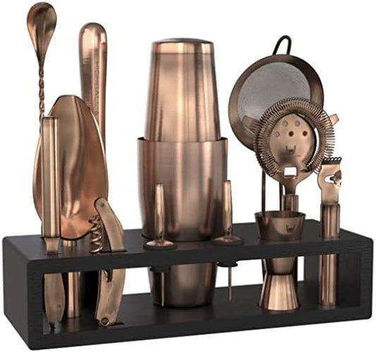 Highball & Chaser Bartender Kit with Black Bamboo Stand Beautiful Cocktail Shaker Set and Bar Tools Stainless Steel Boston Shaker Bartender Kit with Stand (Antique Copper)