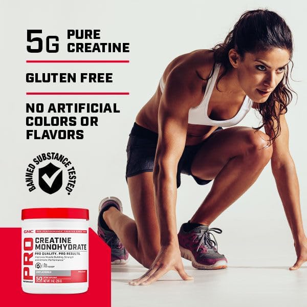 GNC Pro Performance Creatine Monohydrate Powder | Science-Backed | Improves Muscle Building, Strength and Athletic Performance | Banned Substance Free | 50 Servings