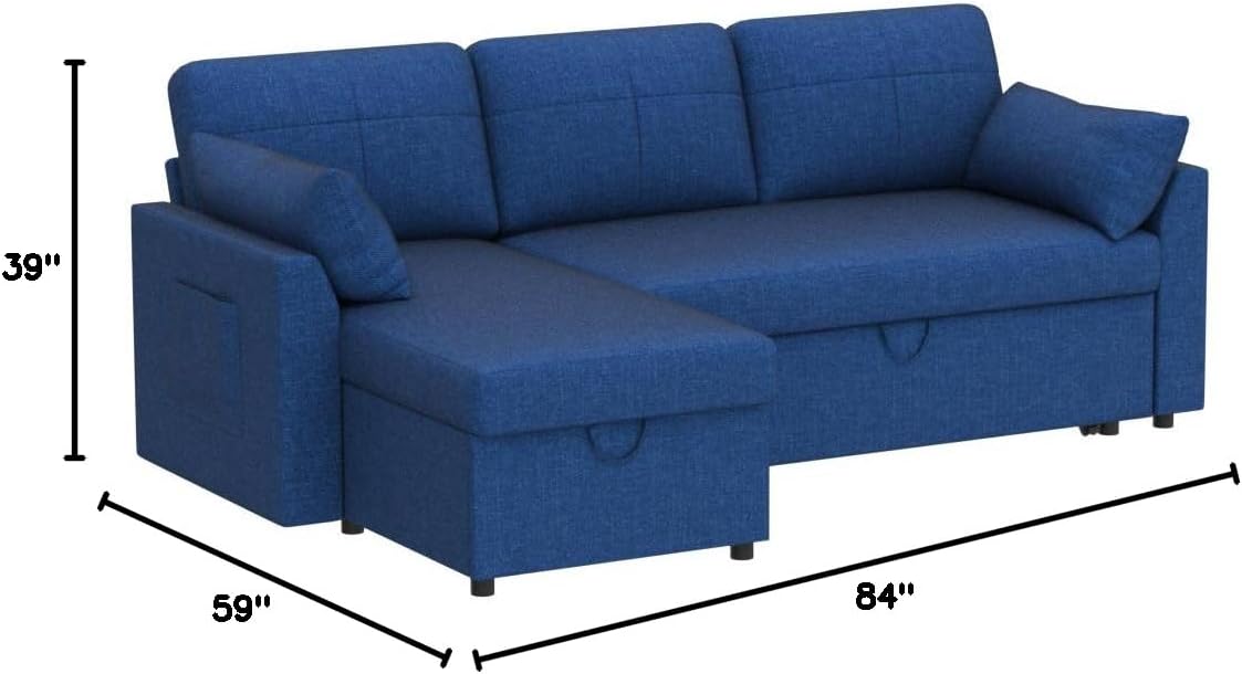 VanAcc Sleeper Sofa - 2 in 1 Pull Out Couch Bed with Storage Chaise for Living Room, Linen Blue