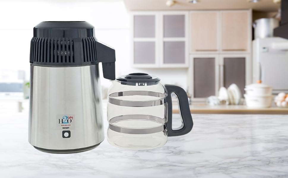 H2o Labs Best-in-Class Countertop Water Distiller - Stainless Steel Home Water Distiller with 1 Gallon Glass Carafe - Porcelain Nozzle Insert & Optimal Heating Element for Pure Distilled Water - 300SS