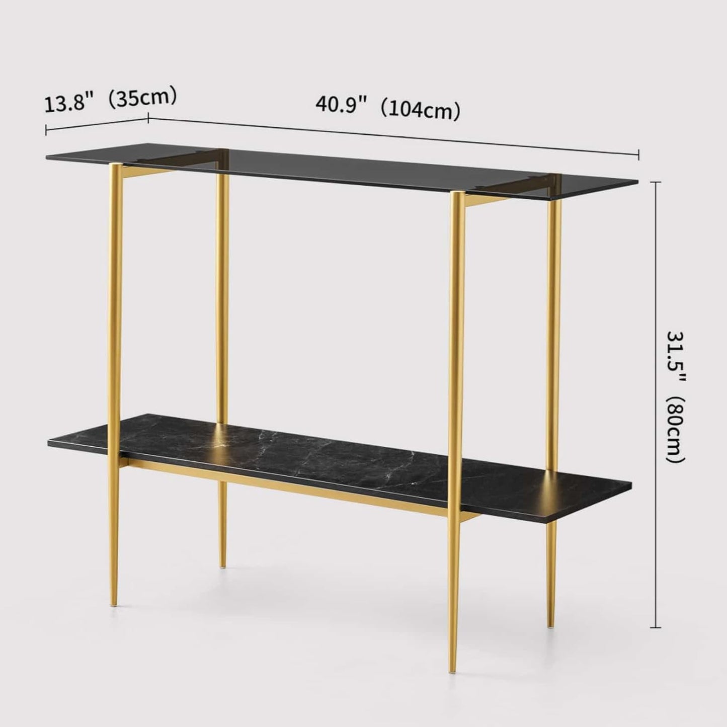 Glass Console Table for Living Room, Foyer & Entrance, 2-Tiers Mid-Century Modern Sofa Table with Grey Glass Top, Black Marble Finish Wood Shelf and Gold Finish Frame