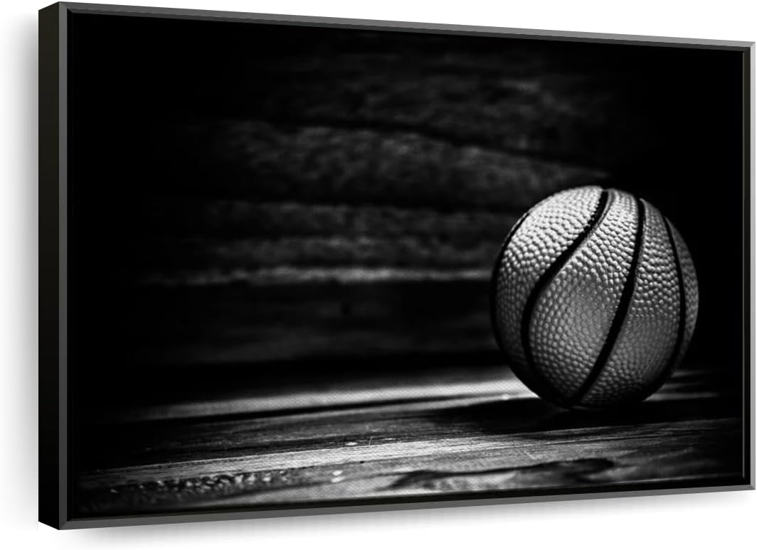 ElephantStock Basketball Wall Art - Horizontal Framed Canvas - 1-Piece Hallway Wall Decor - Photography sports Canvas Print - Black and Gray Decor for Wall - 13" X 9"