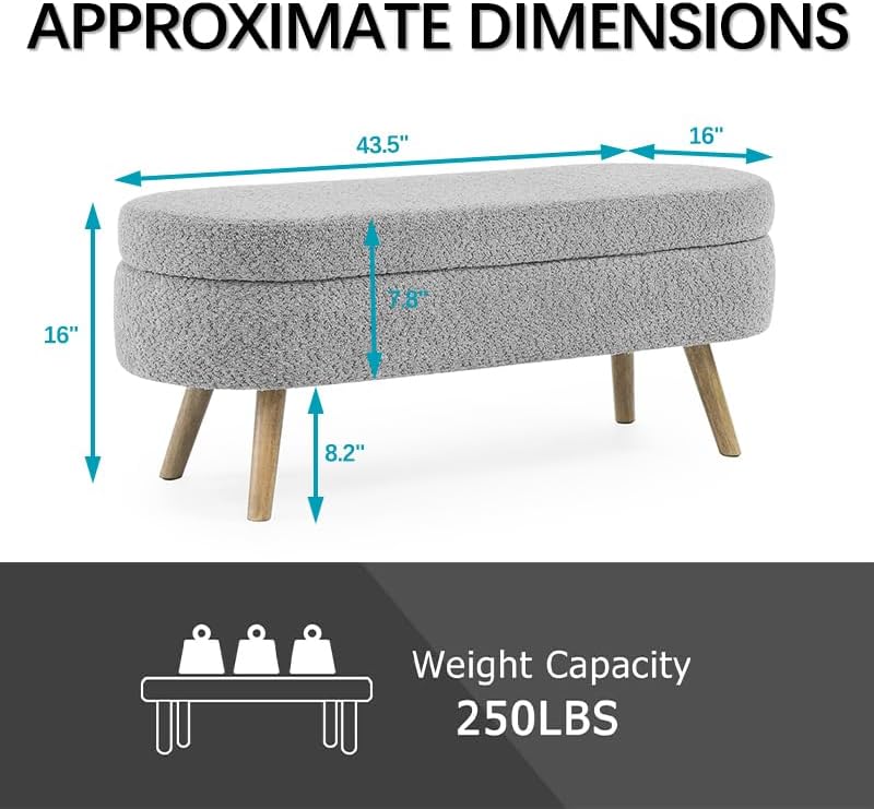 Oval Storage Bench 43.5" Linen Fabric Upholstered Entryway Bench with Solid Wood Legs Ottoman Bench Indoor Bench for Living Room/Bedroom/End of Bed/Entryway (New Grey)
