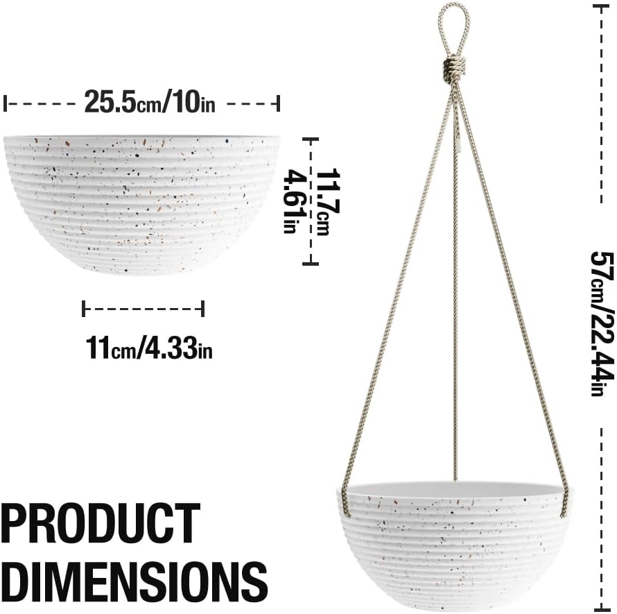 Line Pattern 10 Inch Hanging Planter for Indoor Outdoor Plants, 2 Pack Round Hanging Pots for Plants (White + Speckled White)