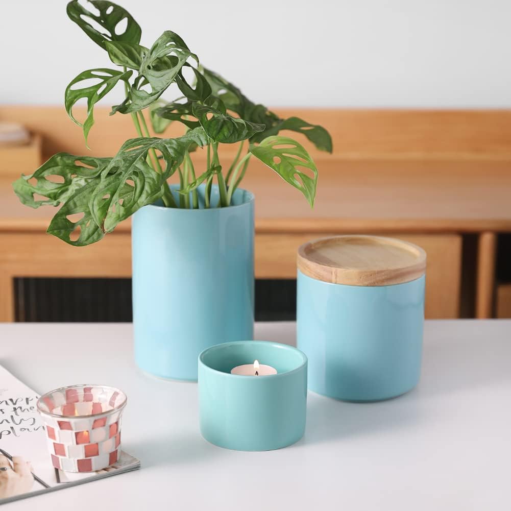 Sweejar Kitchen Canisters Ceramic Food Storage Jar, Stackable Containers with Airtight Seal Wooden Lid for Serving Ground Coffee, Tea, Sugar, Spice and More - 5 Fl Oz(Turquoise)
