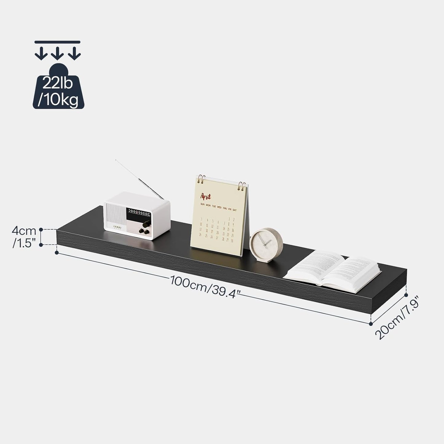 HOOBRO Floating Shelves for Wall, Wall Mounted Shelf Set of 2, 39.4" Hanging Shelf with Invisible Brackets, for Wall in Bathroom, Bedroom, Toilet, Kitchen, Livingroom, Office, Black BK100BJP201