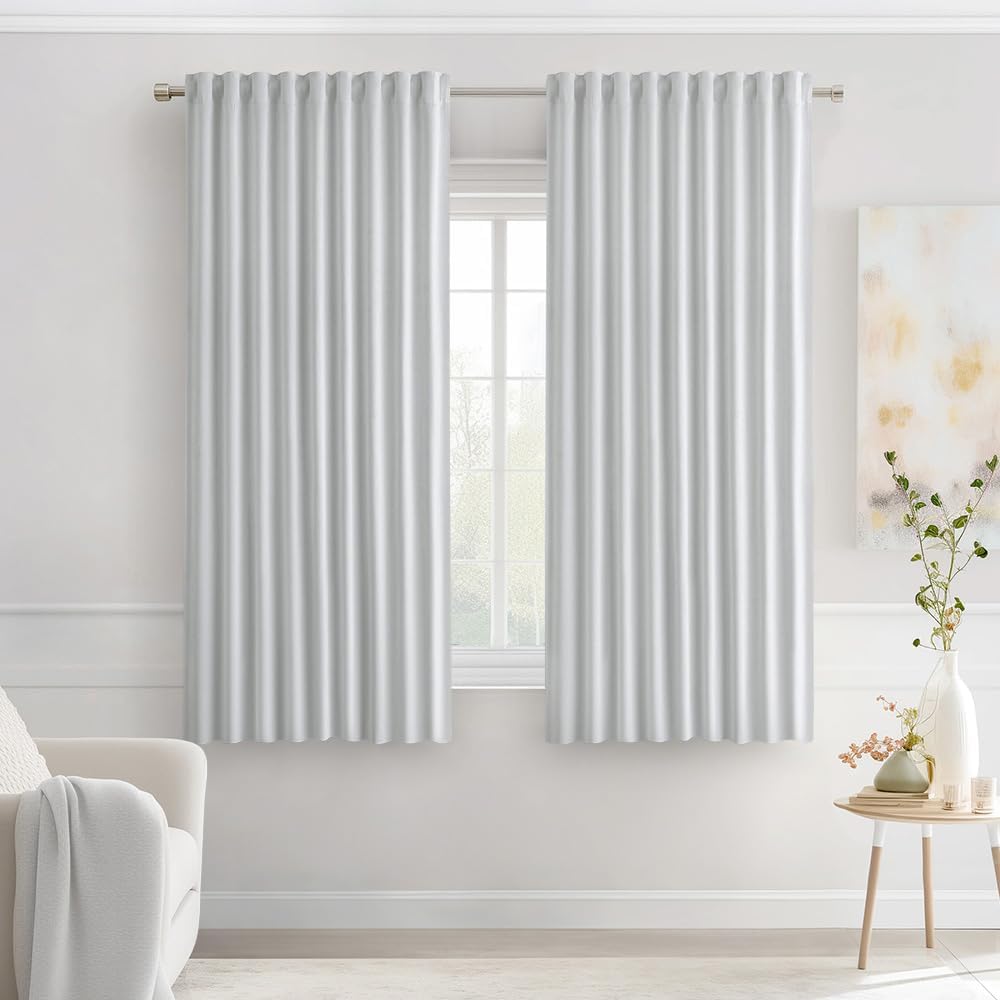 MIULEE Greyish White Back Tab Blackout Curtains 63 Inches Long 2 Panels Set for Living Room Bedroom Privacy, Rod Pocket/Pinch Pleat Thermal Insulated Room Darkening Pleated Light Blocking Drapes