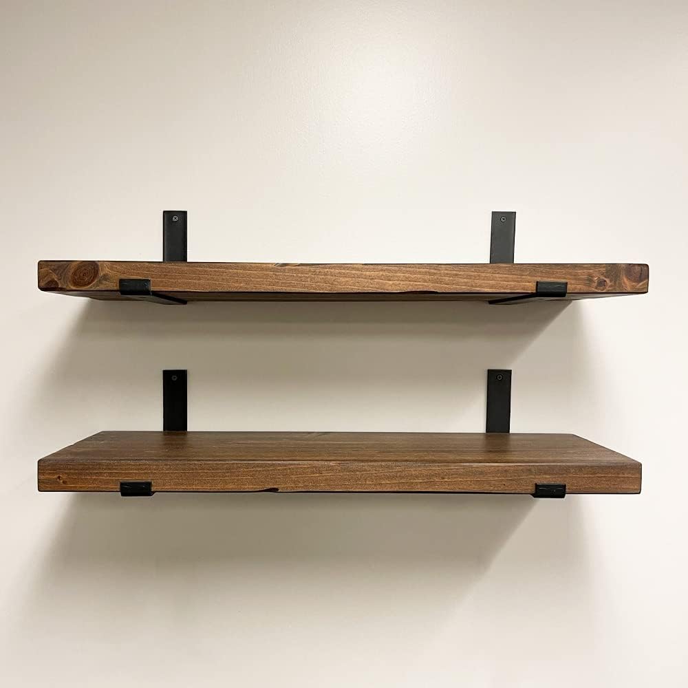 Rustic Shelves with J-Brackets Set of 2, Industrial Shelf, Kitchen Shelves, Solid Wood, Decorative Wall Storage, Heavy Duty, URBANDI (Provincial, 36Wx8D)