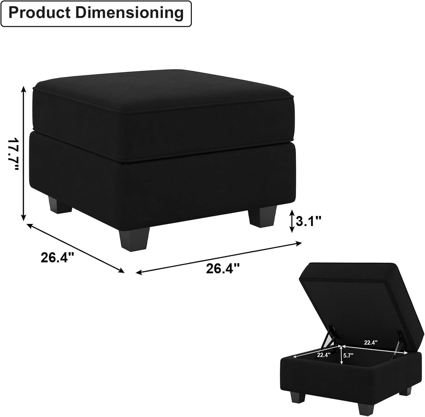 Belffin Storage Ottoman Module for Modular Sectional Sofa Square Seat Cube Velvet Foot Stool Black