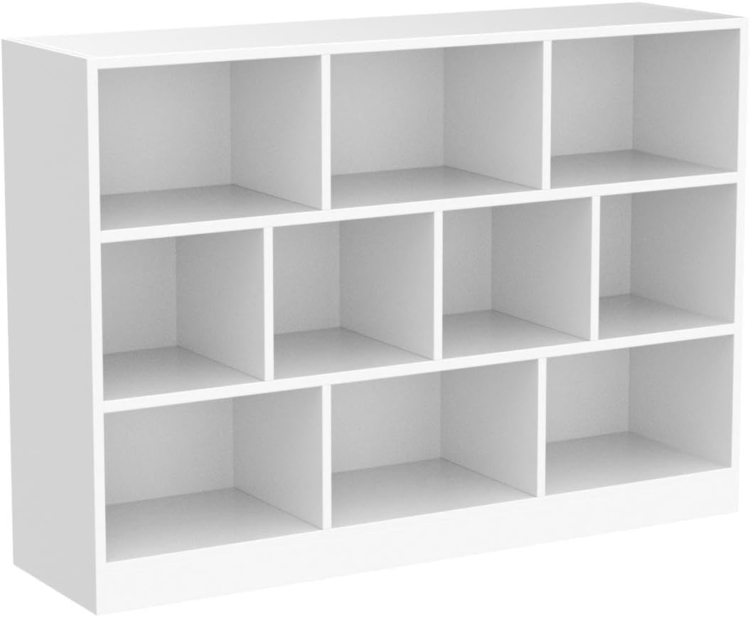 Cozy Castle White Bookshelf, 3-Tier Open Shelf Bookcase, 10 Cube Storage Organizer with Anti-Tilt Device, Freestanding Horizontal Bookshelf Cube Shelf for Bedroom, Living Room