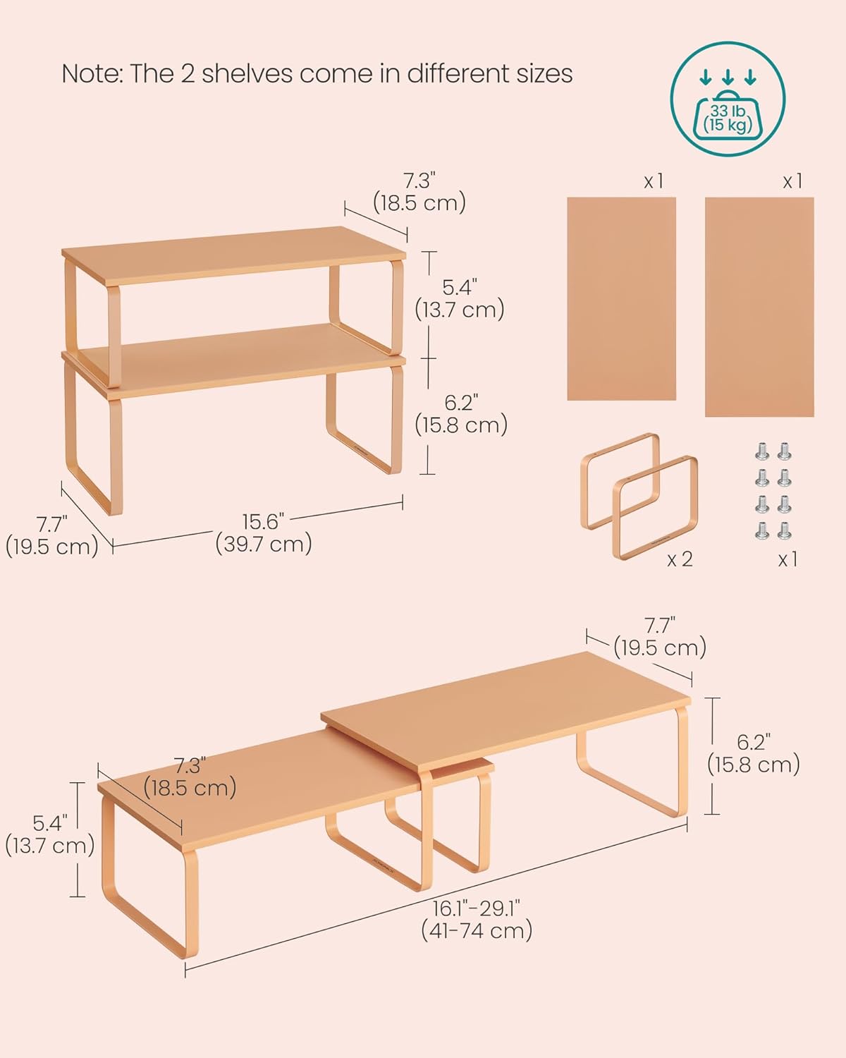 SONGMICS Cabinet Organizer Shelf, Set of 2 Kitchen Counter Shelves, Kitchen Storage, Spice Rack, Stackable, Expandable, Metal and Engineered Wood, Apricot UKCS200Y01