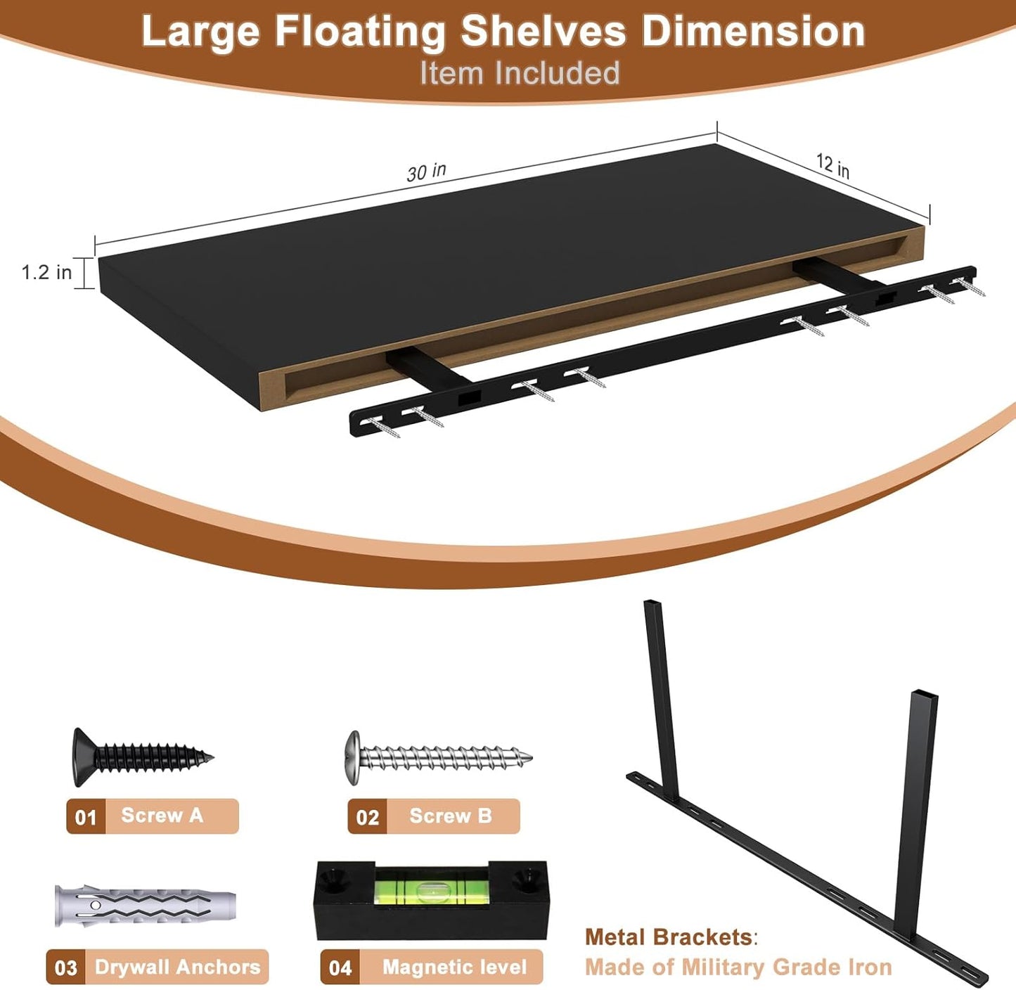 12 Inch Deep Floating Shelves for Wall 1 Pack Floating Shelves Large Storage Space Wall Mount Shelf for Living Room Kitchen Bathroom 30" W x 12" D x 1.2" H Black