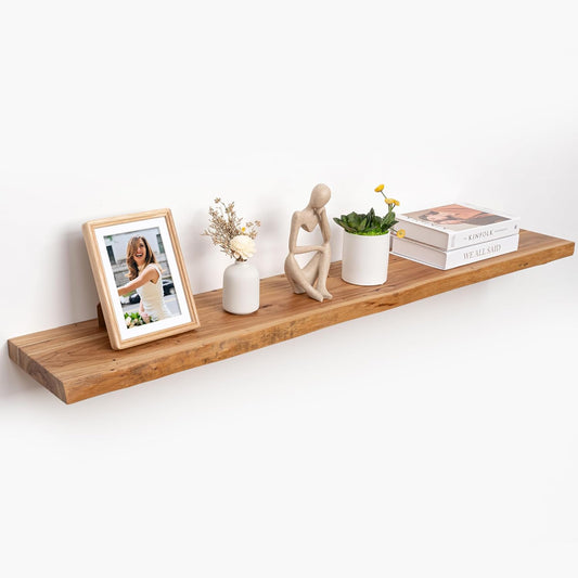 RICHFOCUS Live Edge Elm Floating Shelves - 55" W x 9.3" D Rustic Solid Wood Wall Shelves with Invisible Bracket, Wall-Mounted for Living Room, Bedroom, Kitchen Storage & Display, Set of 1, Natural