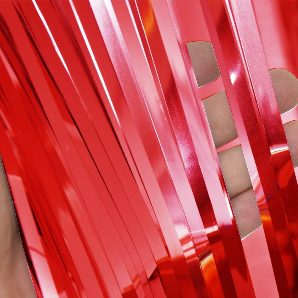 GOER 3.2 ft x 9.8 ft Metallic Tinsel Foil Fringe Curtains Party Photo Backdrop Party Streamers for Birthday,Graduation,New Year Eve Decorations Wedding Decor (3 Pcs, Red)