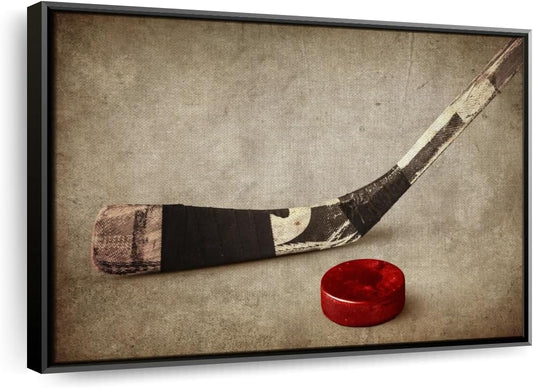 Elephant Stock Vintage Ice Hockey Wall Art - Horizontal Framed Canvas - 1-Piece Hallway Wall Decor - Photography Sports Canvas Print - Brown and Beige Decor for Wall - 43" X 29"