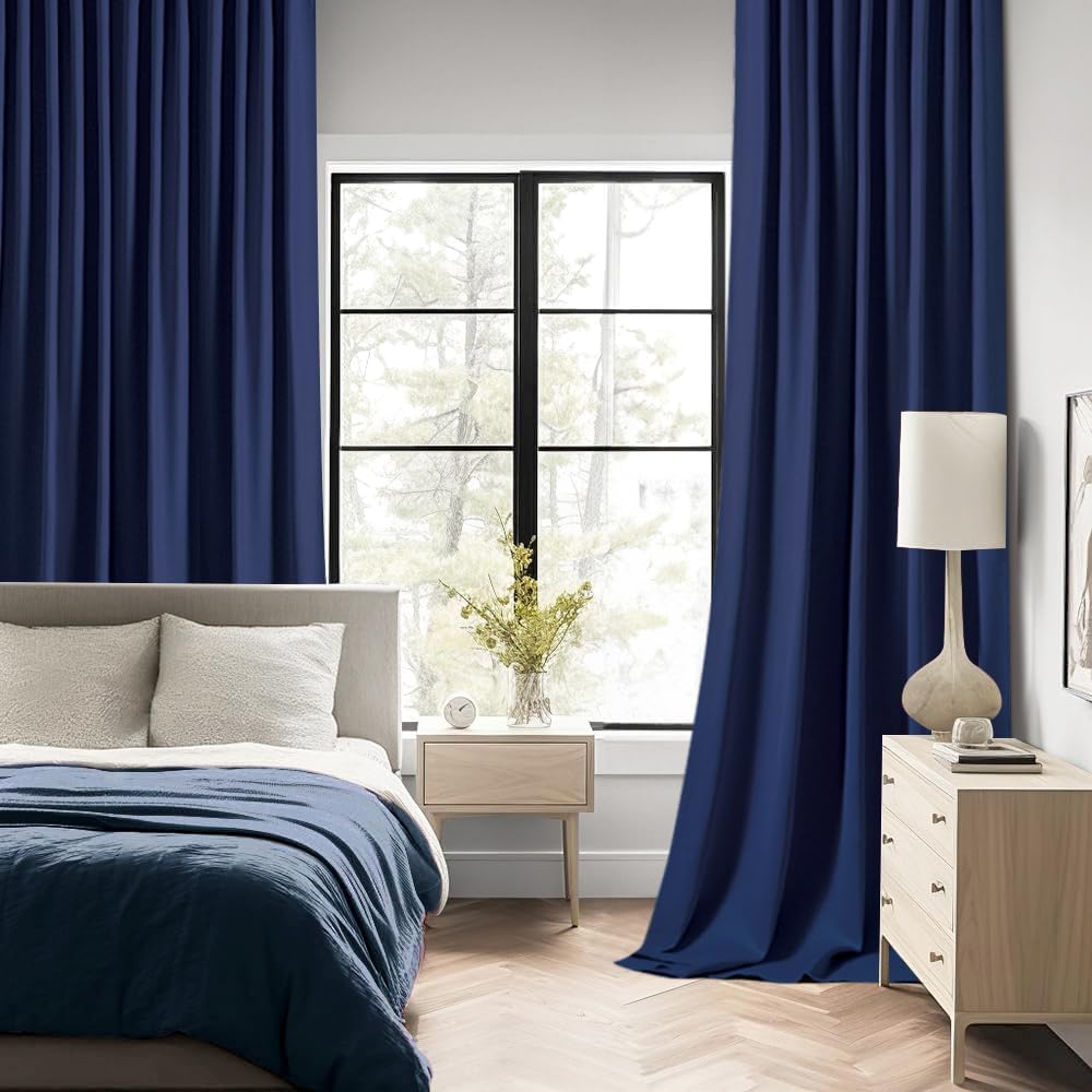 MIULEE Navy Blue Back Tab Blackout Curtains 63 Inch Length 2 Panels Set for Living Room Bedroom Privacy, Rod Pocket/Pinch Pleat Thermal Insulated Room Darkening Pleated Light Blocking Drapes