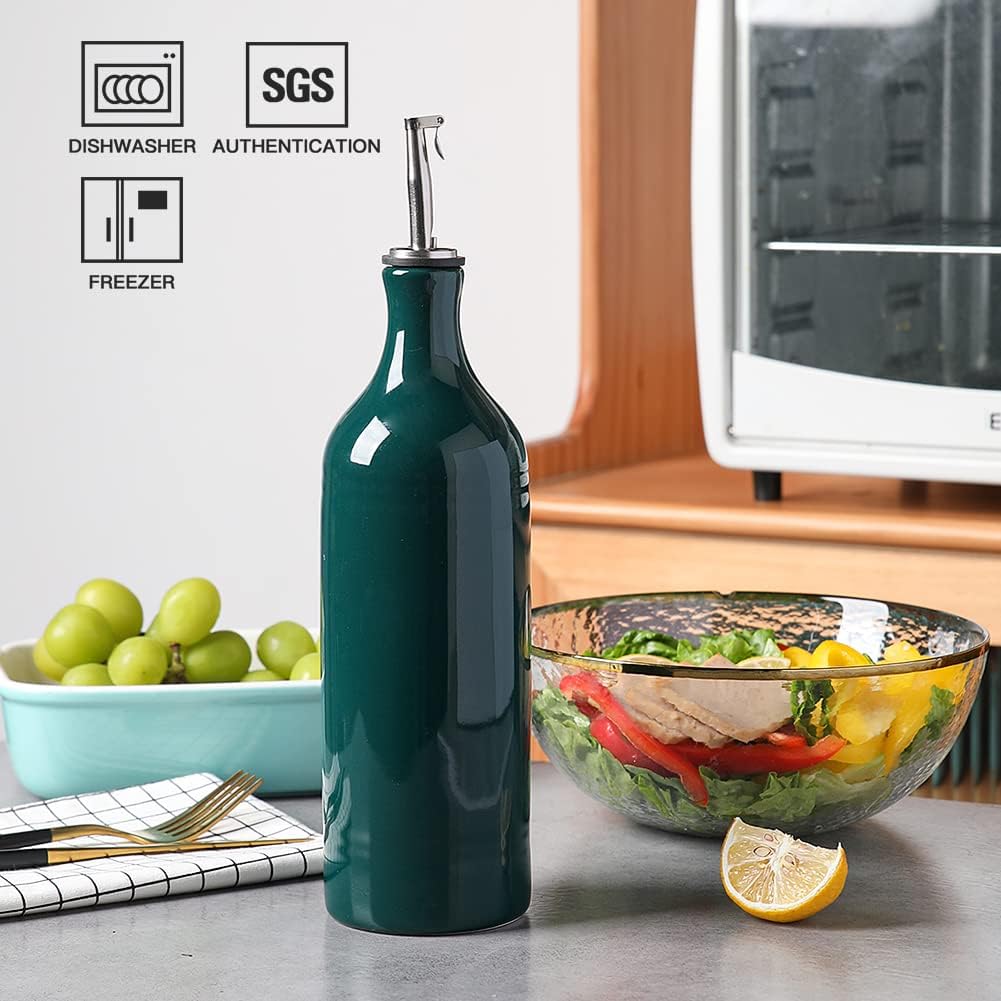 Sweejar Large Ceramic Oil Dispenser Bottle, Opaque Cruet Protects to Reduce Oxidation, Suitable for Storage of Oil, Vinegar, Soy Sauce & Other Liquids, Pack of 1, 24 Fl Oz (Jade)
