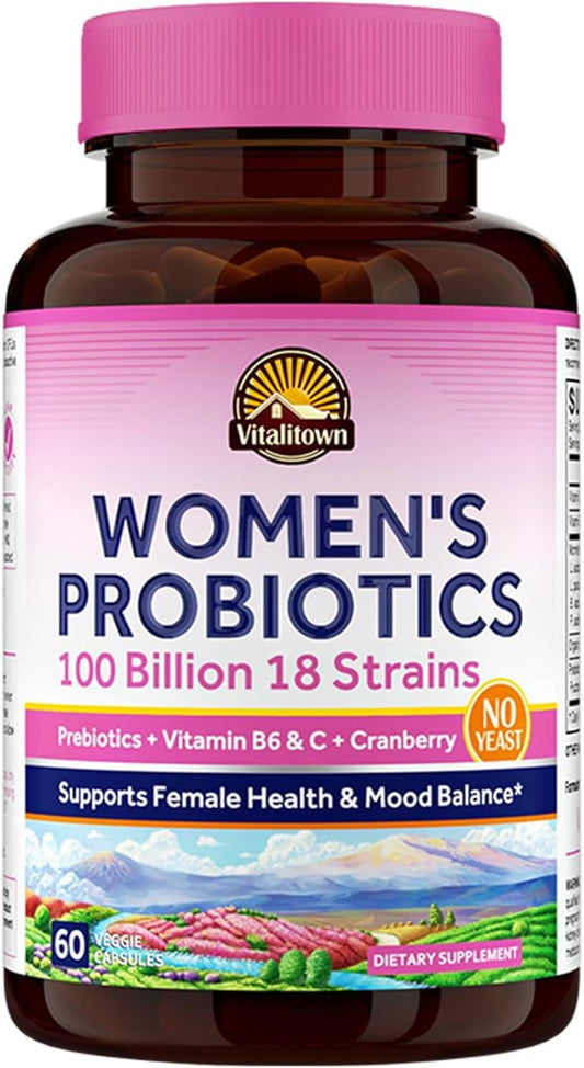 VITALITOWN Women’s Probiotics 100 Billion 18 Strains B6, Cranberry 60 Vegan