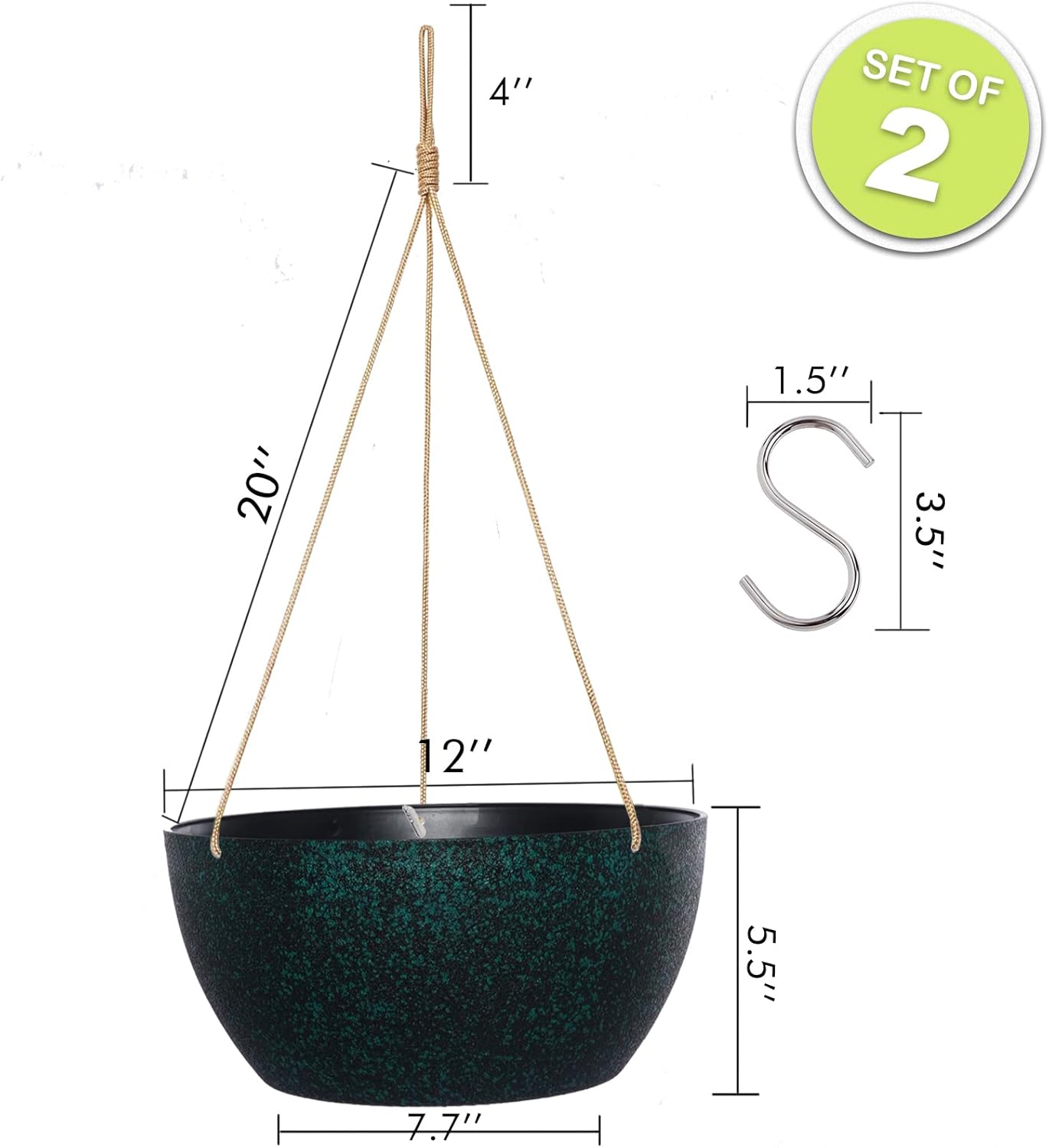 12 Inch 2 Pack Large Hanging Planters for Indoor Outdoor Plants, Plastic Hanging Basket Pots for House Plants Flowers, Black Speckles