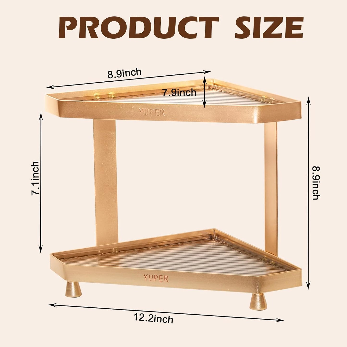 YUPER Bathroom Counter Organizer, 2-Tier Corner Bathroom Organizers and Storage, Makeup Storage Shelf Vanity Tray Perfume Organizer, Bedroom Corner Counter Storage Sink Shelf Gold