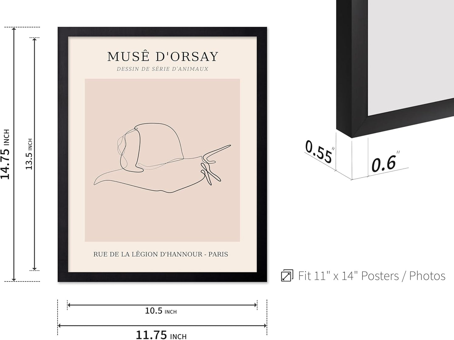 Poster Master Vintage Poster - Retro One Line Snail Drawing Print - Snail Line Art - Minimal Gift for Men, Women, Animal Lover - Abstract Wall Decor for Home, Office, 11x14 Black Framed