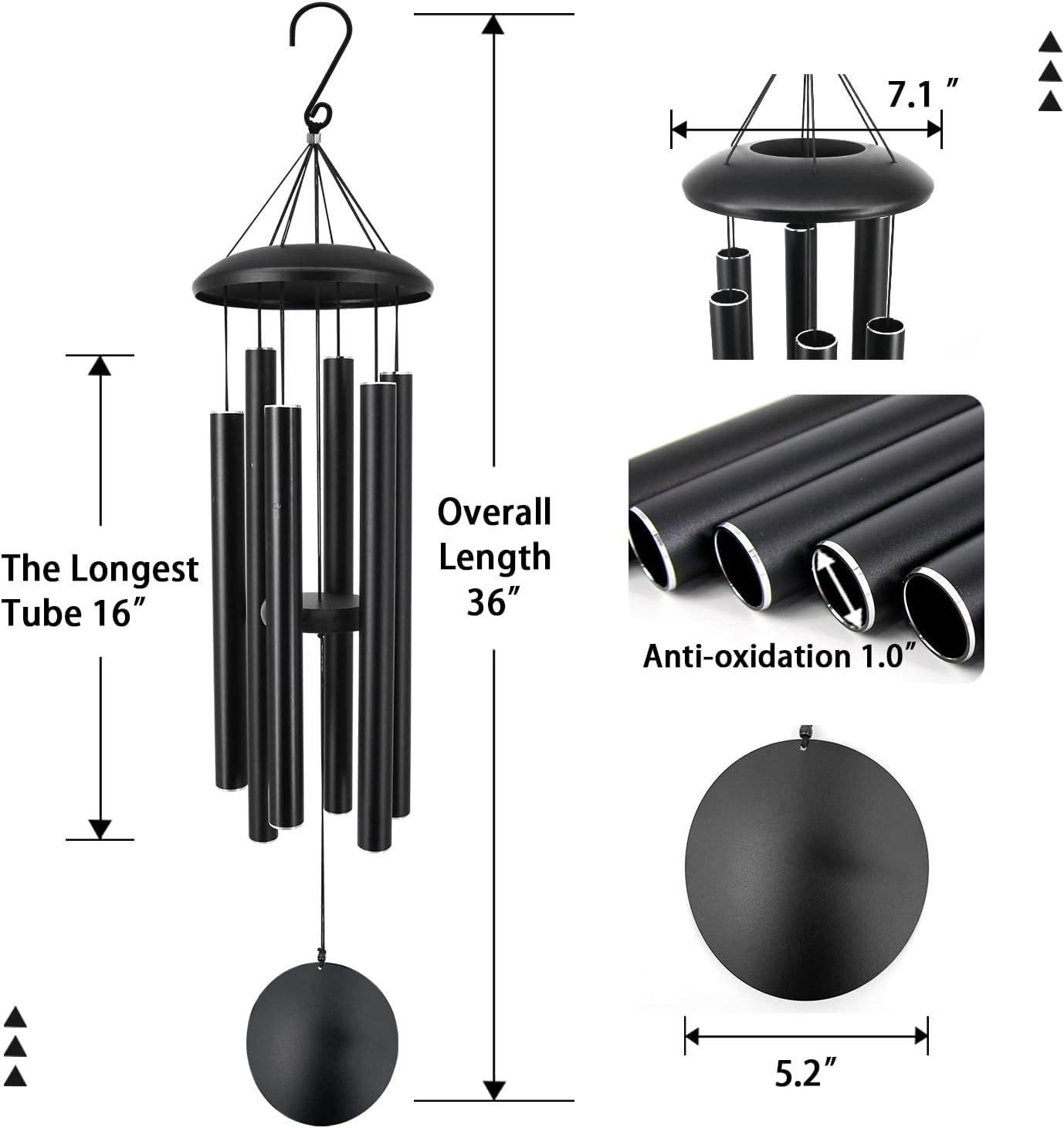 ASTARIN Outdoor Memorial Wind Chimes, 36 in with 6 Heavy Tubes, Deep Tone for Garden Hanging Decor, Sympathy Gifts. Black