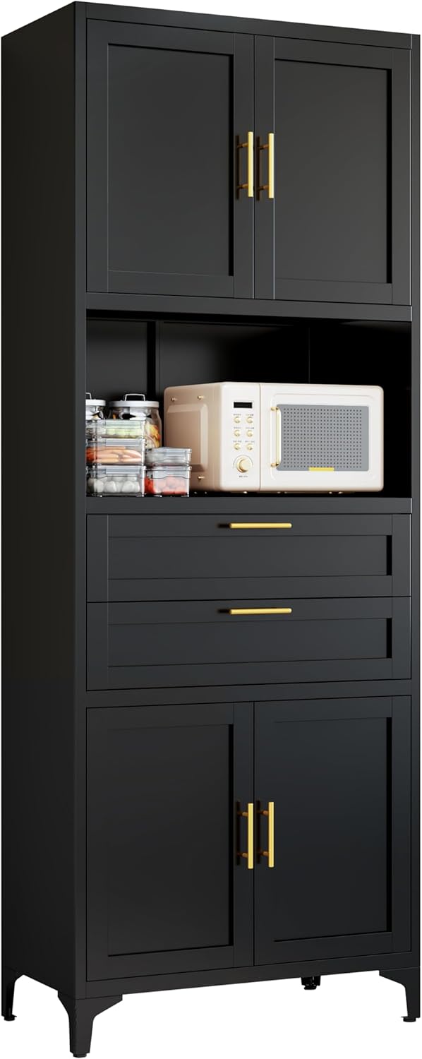 75” Tall Kitchen Pantry Storage Cabinet, Metal Storage Cabinet with 2 Drawers and Adjustable Shelves, Kitchen Pantry Cupboard, Freestanding Cupboard for Bathroom, Living Room(Black)