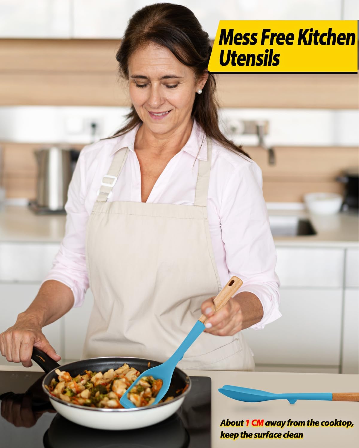 Pack of 4 Silicone Kitchen Utensils Set, Non Stick Solid Spatulas and Heat Resistant Slotted Spoons with Wooden Handle, Ideal BPA Free Cooking Utensils for Mixing,Serving,Turning,Stirring(BLUE)