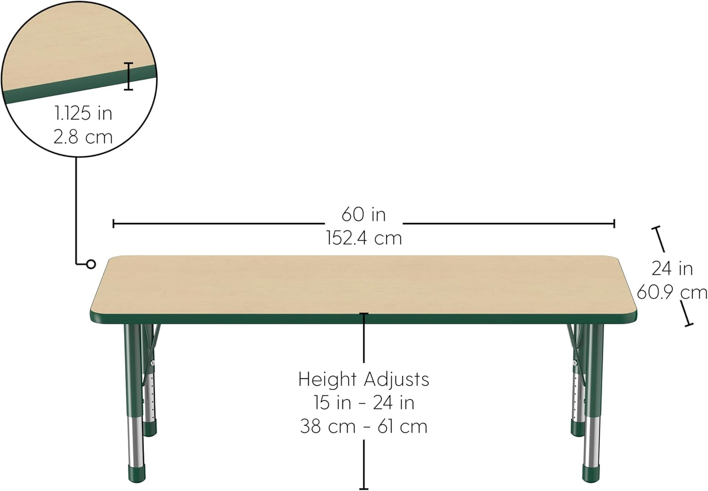Factory Direct Partners FDP Rectangle Activity School and Classroom Kids Table (24 x 60 inch), Chunky Toddler Legs, Adjustable Height 15-24 inches - Maple Top and Green Edge