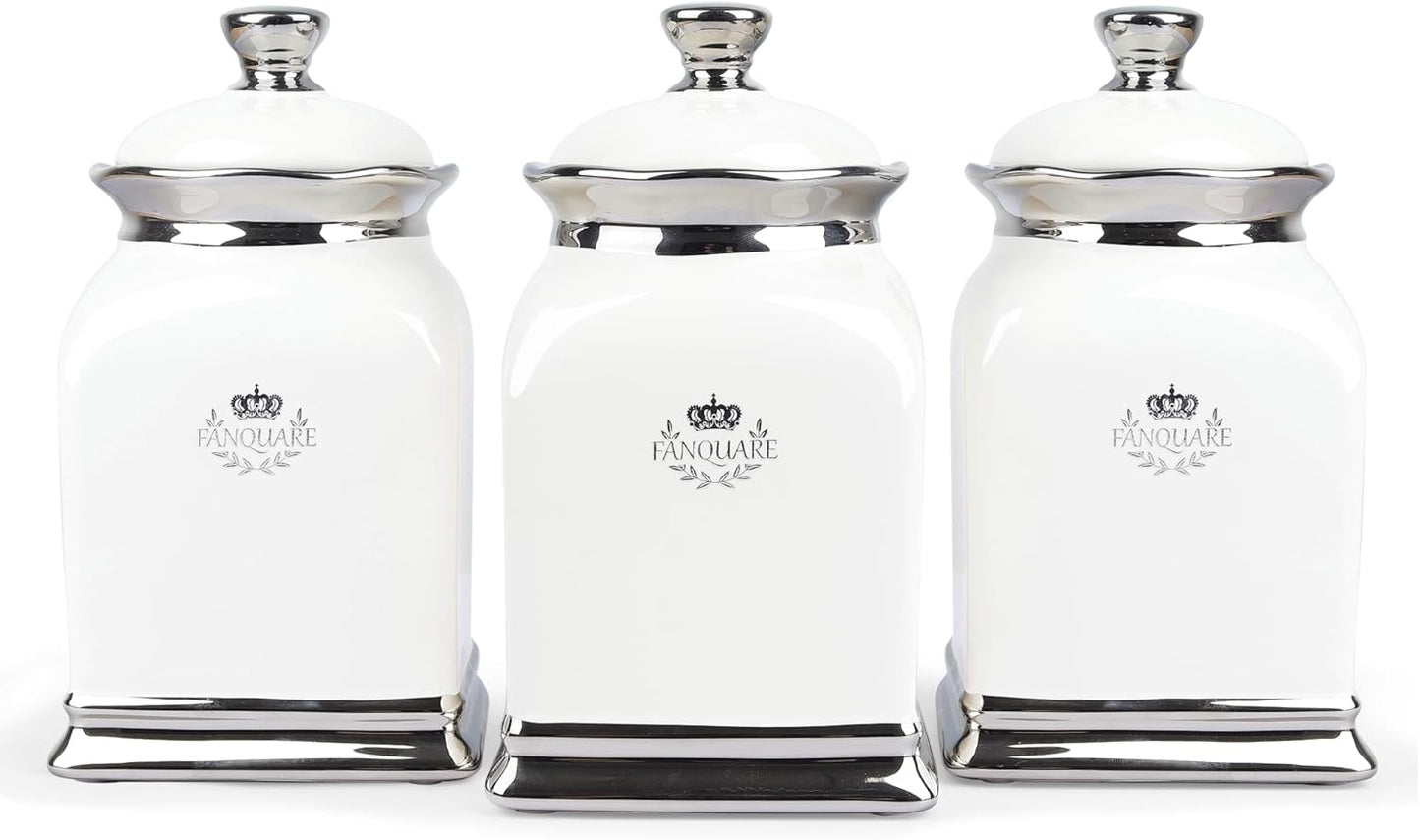 fanquare 30 OZ Cookie Jar, White Kitchen Canisters Set of 3, Farmhouse Porcelain Decorative Jars for Countertop, Ceramic Storage Jar for Coffee, Sugar, Tea Bag