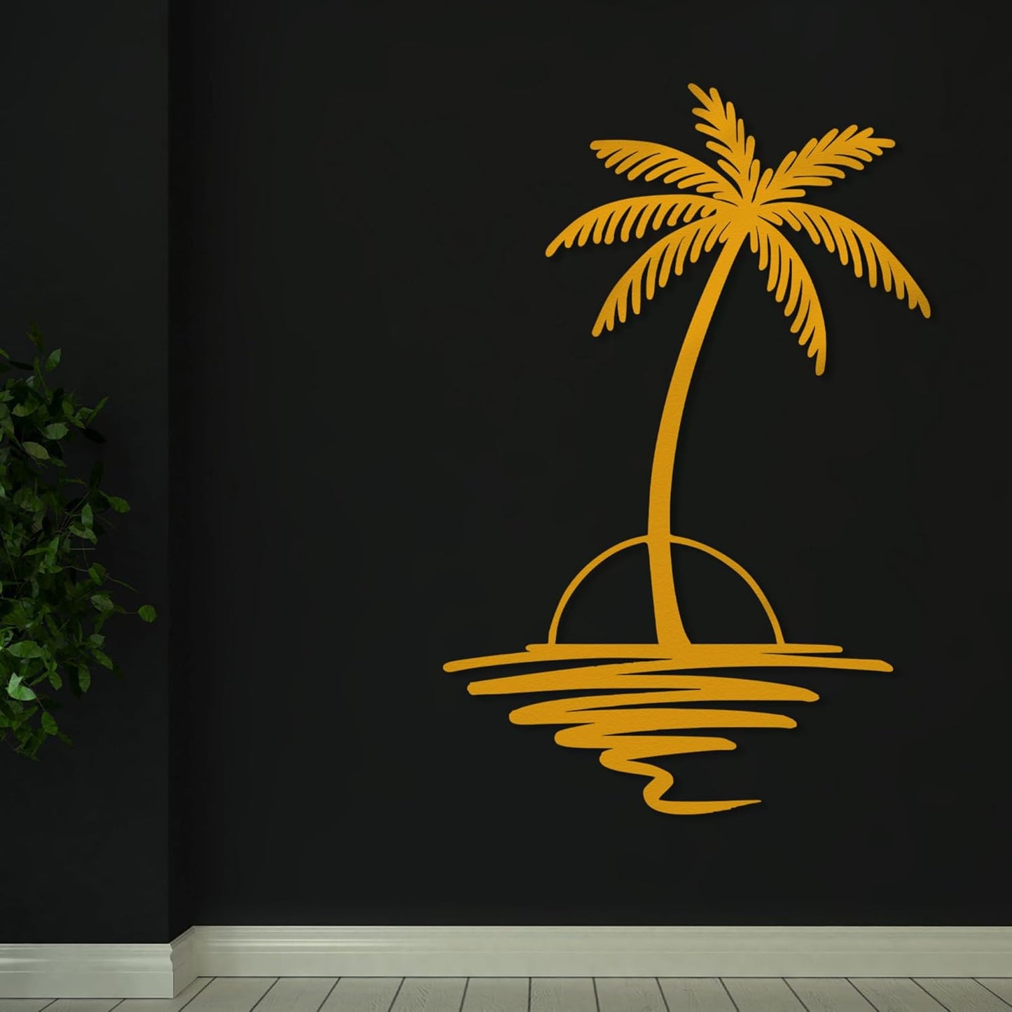 Metal Palm Tree with Sunset Wall Art, Large Outdoor Wall Decor, Tropical Beach Coastal Decor for Living Room, Bedroom, Garden Home Wall Sign, Perfect Metal Wall Art for Beach House, Coastal Theme, and Home Decoration (Gold, 32 x 26 inches)