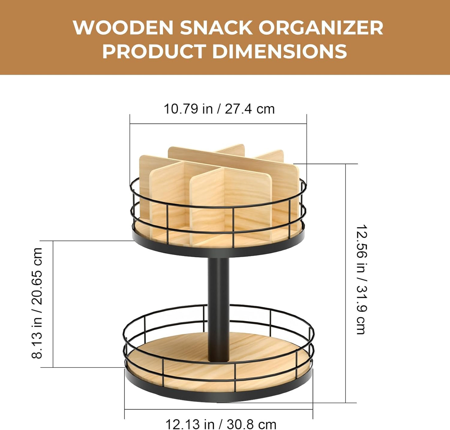 Snack Organizer - Versatile Snack Storage 2 Tier Lazy Susan with Convenient Grab-and-Go Design, Wood and Metal Snack Holder for Home, Office, Breakroom, 12.13" L x 12.13" W x 12.56" H